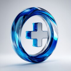 Futuristic Translucent Blue Ring with Floating Plus Symbol on Gradient Background Representing Innovation and Digital Positivity