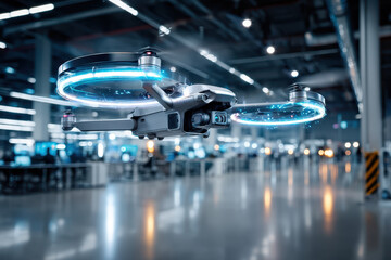 Modern drone flying in a spacious, hightech industrial warehouse or factory
