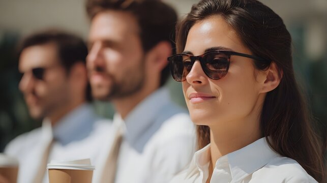Three business professionals in casual attire enjoy coffee outdoors on a sunny day