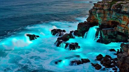Ocean waves crashing on rocky cliffs - Powered by Adobe