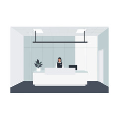 Female receptionist at a modern office reception desk.