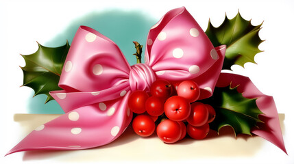 Bright pink polka dot bow tied with holly and red berries creates festive decoration. Cherished holiday design captures warmth of Christmas spirit