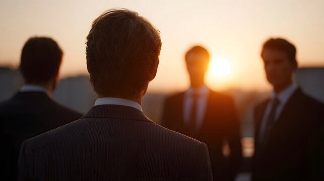 Four businessmen in suits stand together on a rooftop silhouetted against a warm golden sunset symbolizing ambition and future success