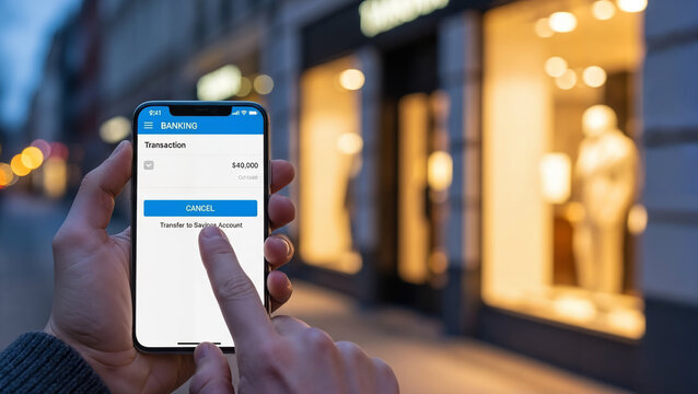 Men's hands are holding a smartphone with the text "Transfer to a friend's account" on the screen in a modern and comfortable mood, making an online payment against the background of a blurred shop wi