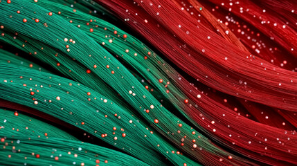 Colorful red and green strands swirl together in a dynamic flow. The setting features shimmering glitter accents enhancing visual appeal. Concept of beauty, fashion, art