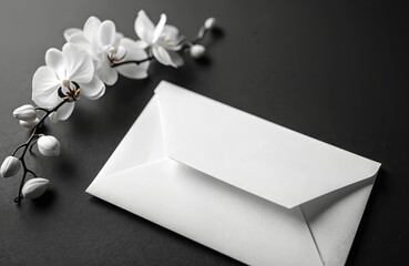 Black and white photo of a white envelope and delicate orchid flowers. The image represents concepts like mourning condolence or a message of sympathy