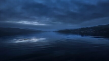 Twilight Lake Reflections with Moody Mountains and Distant Village Lights in a Calm Blue Dawn Landscape for Nature and Solitude Themes