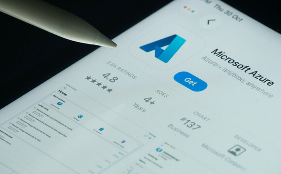 Dhaka, Bangladesh- 30 Oct 2025: Microsoft Azure app on a iPad screen with a pen pointing at the install option.