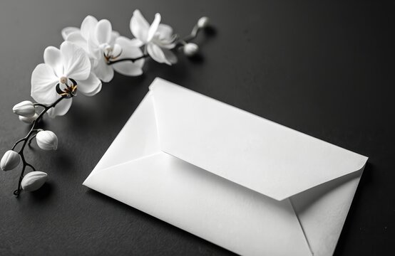 Black and white photo of a white envelope and delicate orchid flowers. The image represents concepts like mourning condolence or a message of sympathy