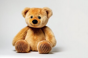 Adorable Light Brown Plush Teddy Bear Sitting Upright on White Background with Fluffy Fur and Friendly Expression