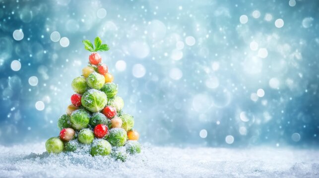 Veganuary winter challenge. Christmas tree made from Brussels sprouts and vegetables, seasonal renewal and plant based healty concept