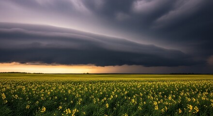 A dramatic, dark storm cloud looms over a vibrant yellow rapeseed field on a vast, flat plain.