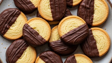 Chocolate-Dipped Shortbread Cookies on a Plate