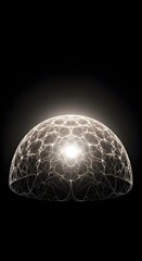 Abstract fractal dome with glowing center, intricate network of lines and geometric shapes against a dark background.