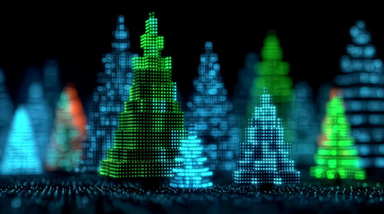 Glowing Christmas trees displayed in a dark setting create a festive ambiance filled with vibrant colors. The scene evokes holiday cheer and warmth. Concept of digital art, winter, holiday season