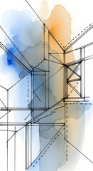 Abstract architectural sketch with linear perspective drawing overlaid on watercolor washes in shades of blue, gray, and orange.