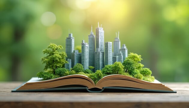 Miniature city skyline model grows from open book pages surrounded by green trees. Concept shows eco urban development future growth, imagination. Sustainable city planning idea for bright tomorrow.