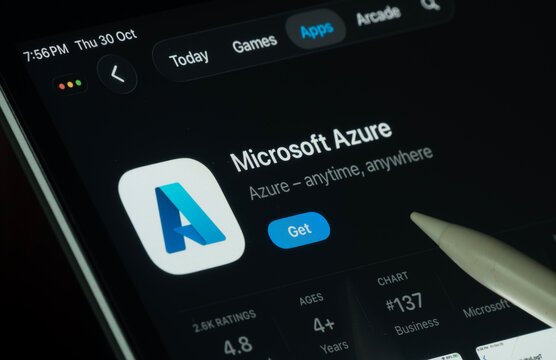 Dhaka, Bangladesh- 30 Oct 2025: Microsoft Azure app displayed on a iPad screen in dark mode with a digital pen pointing at it.