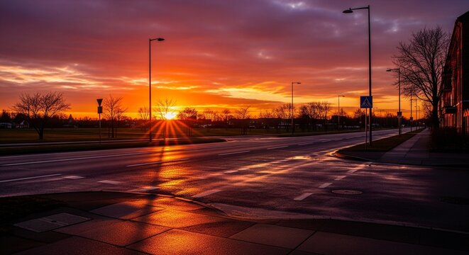 A brilliant orange sunset casts long reflections on a wet, empty urban street under a dramatic sky.