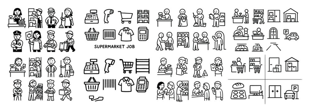 Supermarket job icons and activities