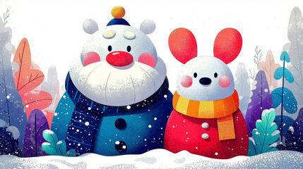 Two friendly cartoon characters smile warmly in a snowy forest setting. The bear wears a blue coat and scarf while the mouse is dressed in a red outfit with a scarf