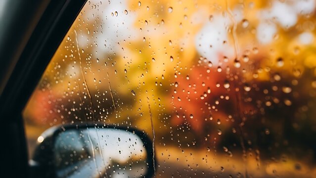 Raindrops on car window with blurred autumn foliage and side mirror in the background view outside car