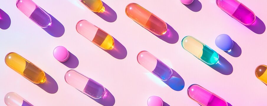 Array of multicolored transparent capsules on a pastel pink background