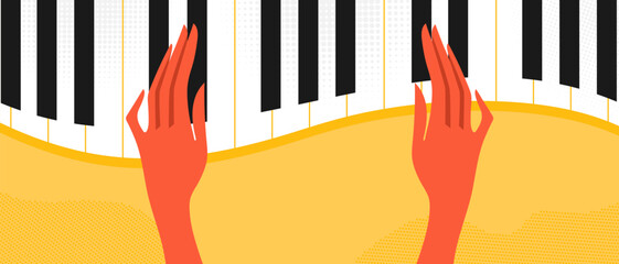 Music background with woman hands playing on the piano. Hands on piano keys. Vector illustration