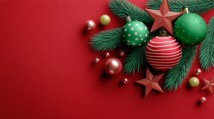 Colorful Christmas ornaments arranged with lush green pine branches on bright red background. Vibrant setting for festive decor during holiday season