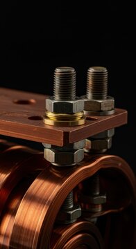 Industrial power bolts securing heavy copper busbar components used for high voltage electrical current transmission assembly, power, engineering, close-up