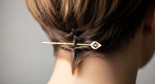 Micro-Braid and Gold Hairpin on Short Hair — Detail Hairstyle Macro