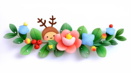 Cartoon reindeer surrounded by colorful flowers and green leaves. Bright and playful setting creates a joyful atmosphere. Concept of holiday decorations, gifts, children&rsquo;s art