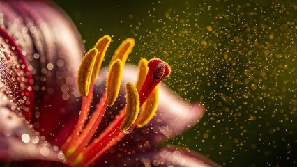 Close up of a purple flower with yellow stamen and pollen dust against a dark green background