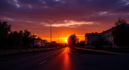 Fiery orange sunset reflecting on a wet city street at dusk with dramatic purple clouds.