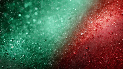 Water droplets glisten on vivid green and red backgrounds, capturing light and creating an aesthetically pleasing abstract composition. Concept of design, decoration, art
