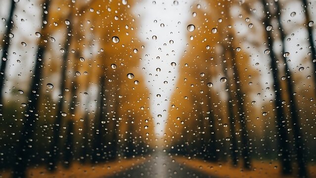 Rain droplets on a window with blurred trees and road in the background on an autumn day view outside
