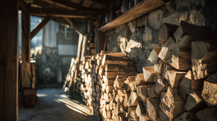 Alpine chalet storage room with neatly stacked firewood, rustic textures and golden sunlight filtering through cracks