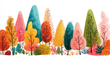 Brightly colored trees showcase varying shades of orange, yellow, and green. Whimsical design highlights seasonal changes in a serene outdoor setting