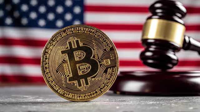 Bitcoin cryptocurrency coin and judges gavel with an american flag in the background, symbolizing us crypto regulation