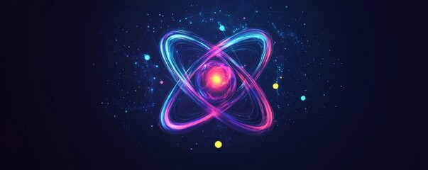 Colorful digital illustration of an atomic structure on a dark background