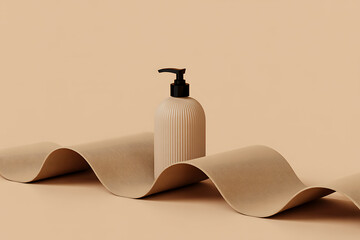 Minimalist beige bottle with black pump dispenser on a wavy brown paper ribbon