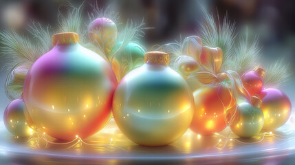 Shimmering decorative ornaments with vibrant colors arranged elegantly. Festive setting ideal for holiday celebrations and seasonal decorations. Concept of decoration, celebration, event planning