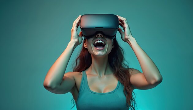 Young woman with virtual reality headset smiles widely. She is excited about the immersive experience. This digital entertainment immerses user in new worlds.