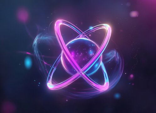 Glowing abstract illustration of an atom with neon pink and blue rings