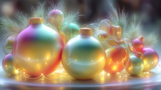 Shimmering decorative ornaments with vibrant colors arranged elegantly. Festive setting ideal for holiday celebrations and seasonal decorations. Concept of decoration, celebration, event planning