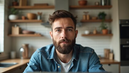 Bearded man has a serious business video call at home kitchen. Guy listens attentively during an online conference meeting. Male freelancer works remotely talking on a webcam chat.