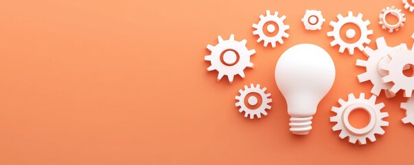 White light bulb surrounded by white gears on orange background symbolizing innovation and teamwork