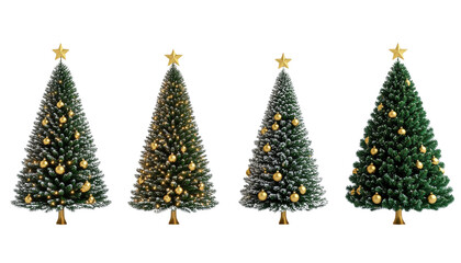 Festive Three-Tree Golden Ornament Bundle &ndash; isolated on transparent background.