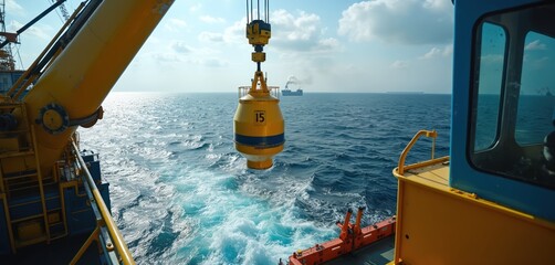 Large yellow crane lifts heavy cylindrical object from vessel deck. Industrial equipment lowers structure into deep blue ocean. Marine operation part of offshore construction work. Distant ships