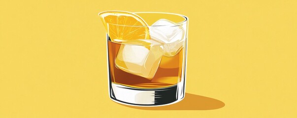 Illustration of a whiskey cocktail with ice cubes and an orange slice on a yellow background